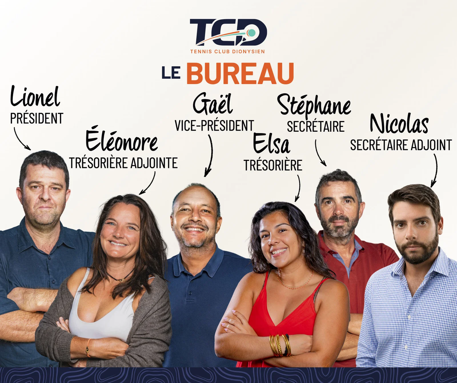 Le bureau du TCD : Lionel Roux, président ; Gaël Nativel, vice-président ; Elsa Schneider, trésorière ; Éléonore Chapuis, trésorière adjointe ; Stéphane Payet, secrétaire ; Nicolas Mechy, secrétaire adjoint.