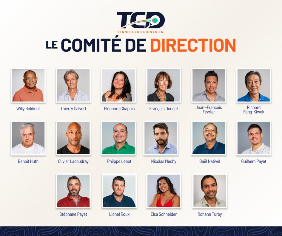 Le comité de direction du TCD : Willy Baldinot, Thierry Calvert, Éléonore Chapuis, François Doucet, Jean-François Février, Richard Fong-Kiwok, Benoît Huth, Olivier Lacoudray, Philippe Lebot, Nicolas Mechy, Gaël Nativel, Guilhem Payet, Stéphane Payet, Lionel Roux, Elsa Schneider, Rohann Turby.